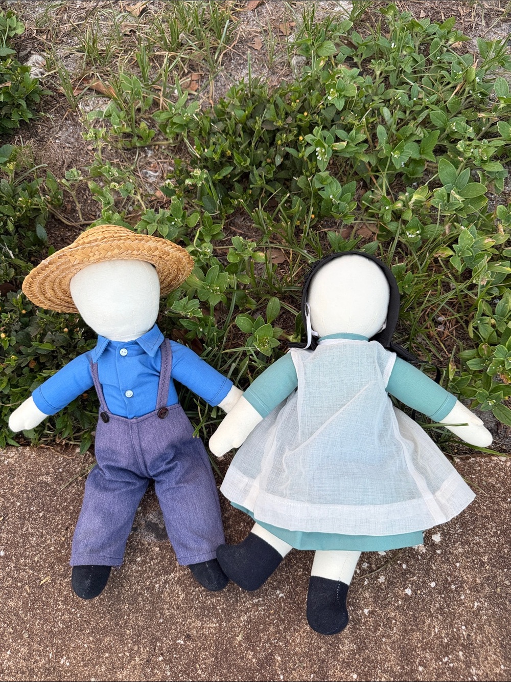 Vintage Handmade Blue & Teal Amish Cloth Doll Set - Farm Boy and Girl. EUC
